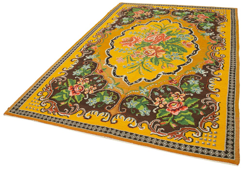 Moldovian Floral Yellow Floral Cotton Wool Goat Hair Handmade Rug 6'4'' x 9'9''