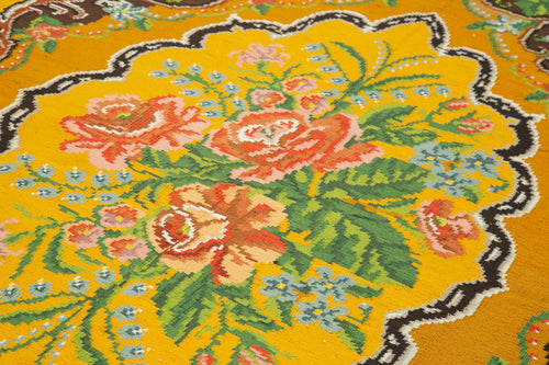 Moldovian Floral Yellow Floral Cotton Wool Goat Hair Handmade Rug 6'4'' x 9'9''