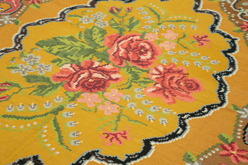 Moldovian Floral Yellow Floral Cotton Wool Goat Hair Handmade Rug 6'3'' x 10'4''