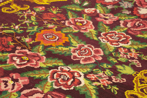 Moldovian Floral Black Floral Cotton Wool Goat Hair Handmade Rug 6'8'' x 10'6''