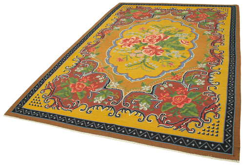 Moldovian Floral Yellow Floral Cotton Wool Goat Hair Handmade Rug 6'6'' x 9'8''