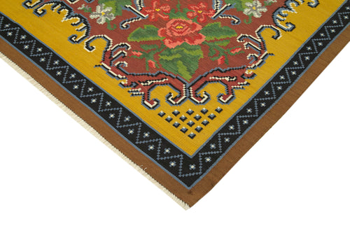 Moldovian Floral Yellow Floral Cotton Wool Goat Hair Handmade Rug 6'6'' x 9'8''