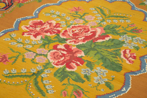 Moldovian Floral Yellow Floral Cotton Wool Goat Hair Handmade Rug 6'6'' x 9'8''