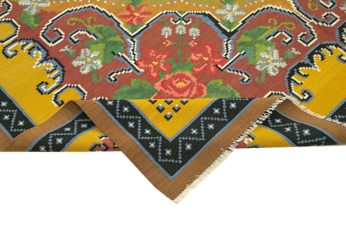 Moldovian Floral Yellow Floral Cotton Wool Goat Hair Handmade Rug 6'6'' x 9'8''