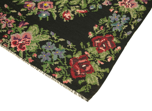 Moldovian Floral Black Floral Cotton Goat Hair Wool Handmade Area Rug 6'5'' x 15'5''