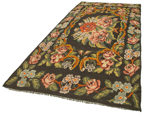 Moldovian Floral Black Floral Cotton Wool Goat Hair Handmade Rug 5'5'' x 12'1''