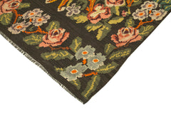 Moldovian Floral Black Floral Cotton Wool Goat Hair Handmade Rug 5'5'' x 12'1''