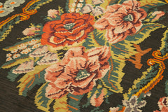 Moldovian Floral Black Floral Cotton Wool Goat Hair Handmade Rug 5'5'' x 12'1''