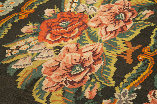 Moldovian Floral Black Floral Cotton Wool Goat Hair Handmade Rug 5'5'' x 12'1''