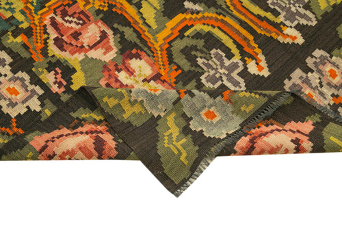 Moldovian Floral Black Floral Cotton Wool Goat Hair Handmade Rug 5'5'' x 12'1''