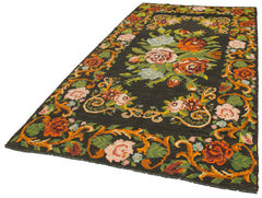 Moldovian Floral Black Floral Cotton Wool Goat Hair Handmade Rug 5'5'' x 10'7''
