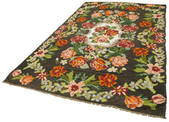 Moldovian Floral Black Floral Cotton Wool Goat Hair Handmade Rug 6'3'' x 10'10''