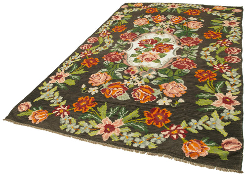 Moldovian Floral Black Floral Cotton Wool Goat Hair Handmade Rug 6'3'' x 10'10''