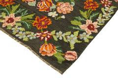Moldovian Floral Black Floral Cotton Wool Goat Hair Handmade Rug 6'3'' x 10'10''