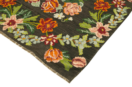 Moldovian Floral Black Floral Cotton Wool Goat Hair Handmade Rug 6'3'' x 10'10''