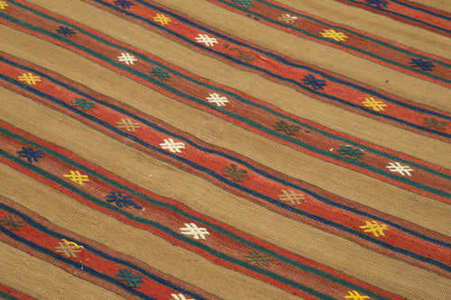 Anatolian Kilim Brown Striped Cotton Wool Handmade Area Rug 5'2'' x 8'6''