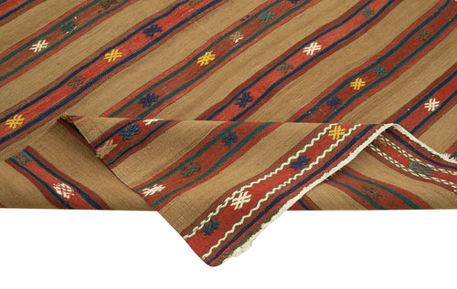 Anatolian Kilim Brown Striped Cotton Wool Handmade Area Rug 5'2'' x 8'6''