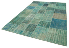 Kirk Yama Turquoise Patchwork Cotton Wool Handmade Area Rug 6'9'' x 9'10''