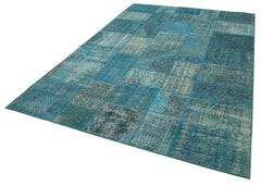 Handmade Area Rug - Blue Patchwork Cotton Wool Vintage Turkish Carpet 6'7"x9'9"