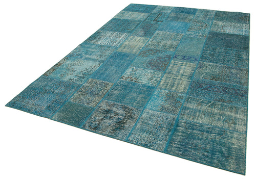 Handmade Area Rug - Blue Patchwork Cotton Wool Vintage Turkish Carpet 6'7"x9'9"
