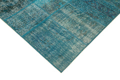 Handmade Area Rug - Blue Patchwork Cotton Wool Vintage Turkish Carpet 6'7"x9'9"