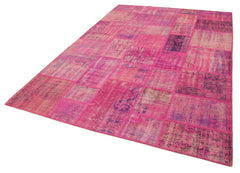 Handmade Area Rug - Pink Patchwork Wool Cotton Vintage 6x9 Carpet