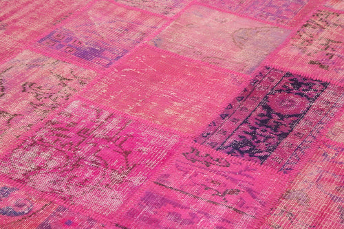 Handmade Area Rug - Pink Patchwork Wool Cotton Vintage 6x9 Carpet