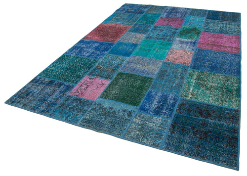 Handmade Area Rug – Blue Patchwork Cotton Wool Vintage Hand Woven Carpet 6'9''x9'10''