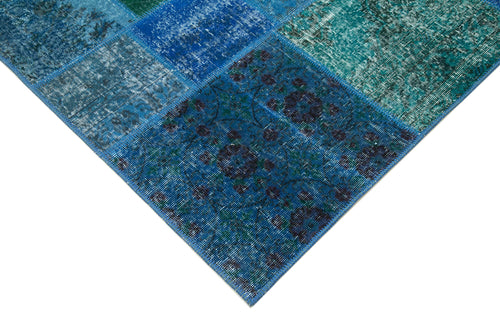 Handmade Area Rug – Blue Patchwork Cotton Wool Vintage Hand Woven Carpet 6'9''x9'10''