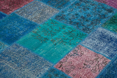 Handmade Area Rug – Blue Patchwork Cotton Wool Vintage Hand Woven Carpet 6'9''x9'10''