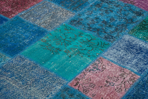 Handmade Area Rug – Blue Patchwork Cotton Wool Vintage Hand Woven Carpet 6'9''x9'10''