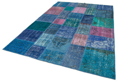 Handmade Area Rug – Blue Patchwork Rug Cotton Wool Durable Living Room Carpet 6'8"x9'10"