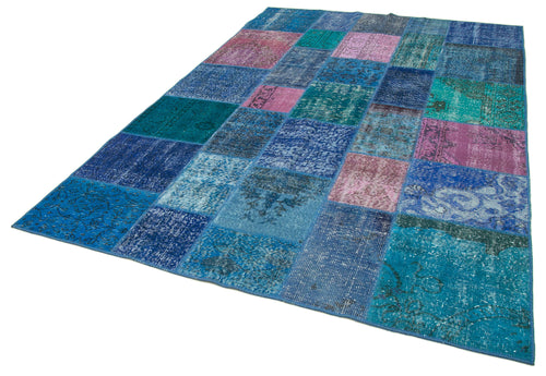 Handmade Area Rug – Blue Patchwork Rug Cotton Wool Durable Living Room Carpet 6'8"x9'10"