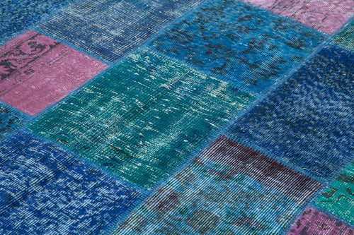 Handmade Area Rug – Blue Patchwork Rug Cotton Wool Durable Living Room Carpet 6'8"x9'10"