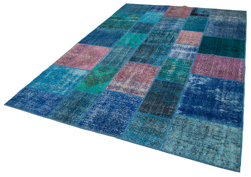 Handmade Area Rug - Blue Patchwork Cotton Wool Vintage Handwoven Carpet 6'8''x9'10''