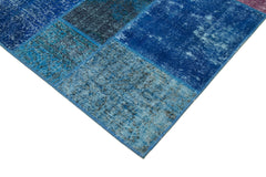 Handmade Area Rug - Blue Patchwork Cotton Wool Vintage Handwoven Carpet 6'8''x9'10''
