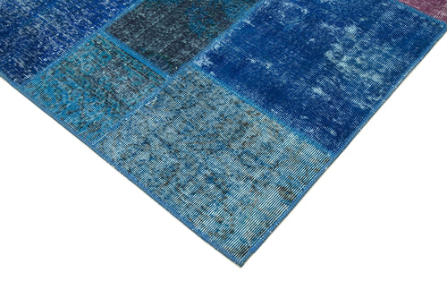 Handmade Area Rug - Blue Patchwork Cotton Wool Vintage Handwoven Carpet 6'8''x9'10''