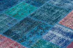 Handmade Area Rug - Blue Patchwork Cotton Wool Vintage Handwoven Carpet 6'8''x9'10''