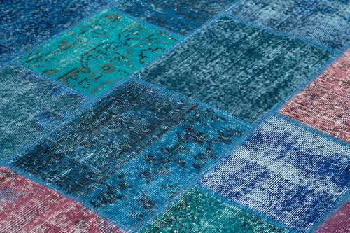 Handmade Area Rug - Blue Patchwork Cotton Wool Vintage Handwoven Carpet 6'8''x9'10''