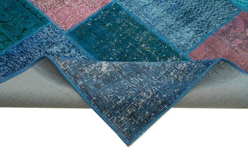 Handmade Area Rug - Blue Patchwork Cotton Wool Vintage Handwoven Carpet 6'8''x9'10''