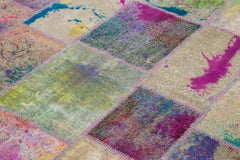 Handmade Area Rug - Pink Patchwork Turkish Wool Cotton Carpet 6'8" x 9'10"