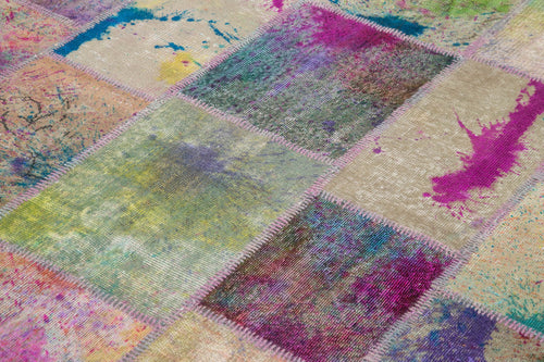 Handmade Area Rug - Pink Patchwork Turkish Wool Cotton Carpet 6'8" x 9'10"
