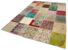 Handmade Area Rug - Pink Patchwork Cotton Wool Vintage Turkish Carpet 6'6"x10'