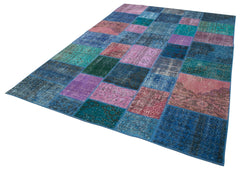 Handmade Area Rug – Blue Patchwork Cotton Wool Vintage Handwoven Carpet 6'8''x9'10''