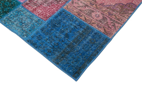 Handmade Area Rug – Blue Patchwork Cotton Wool Vintage Handwoven Carpet 6'8''x9'10''