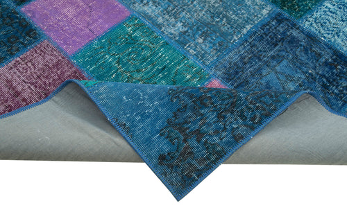 Handmade Area Rug – Blue Patchwork Cotton Wool Vintage Handwoven Carpet 6'8''x9'10''