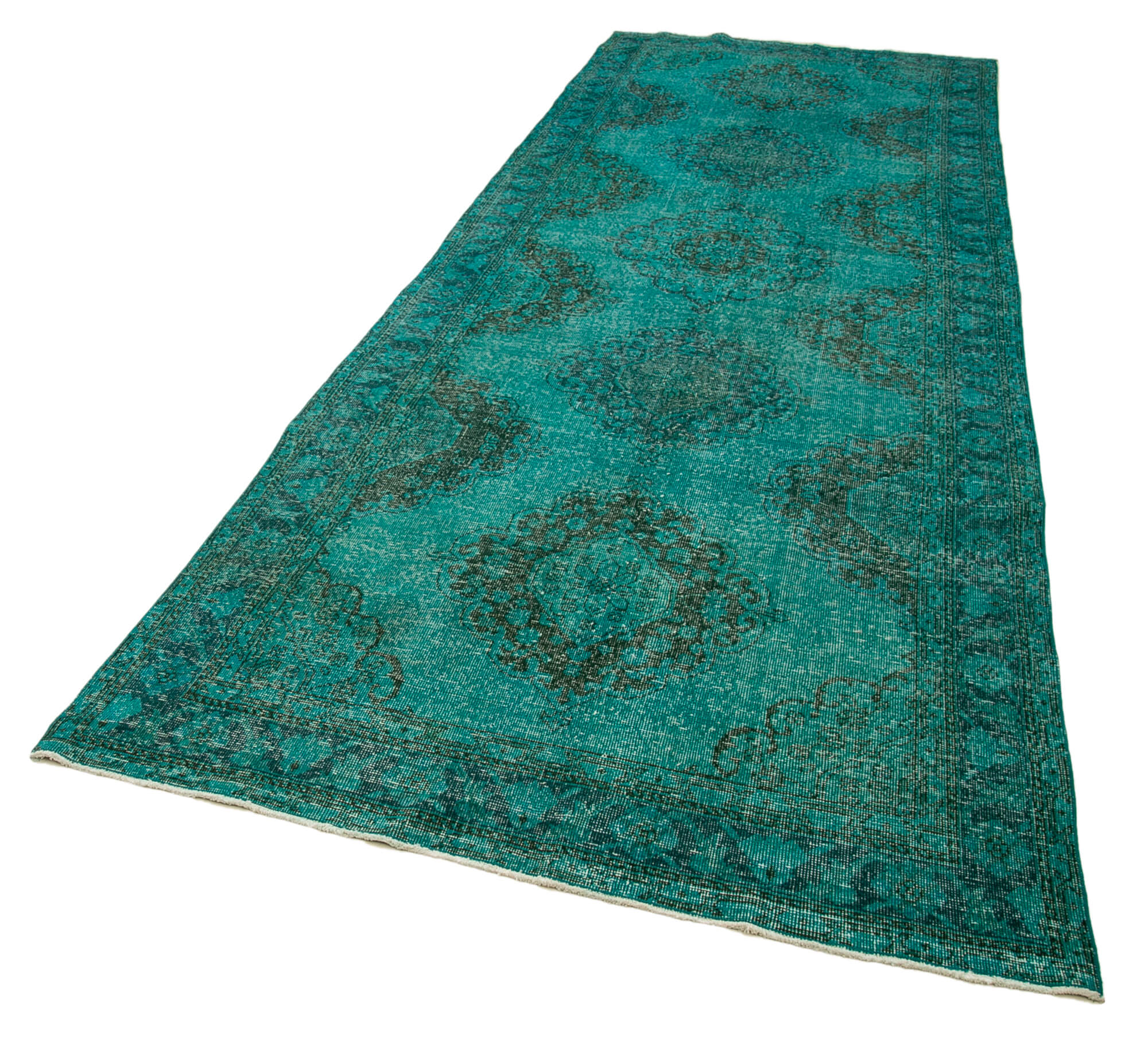 Vintage Wool Area Rug - Handmade Cotton Rug | Turquoise Wool Carpet 4'9''x13'6''