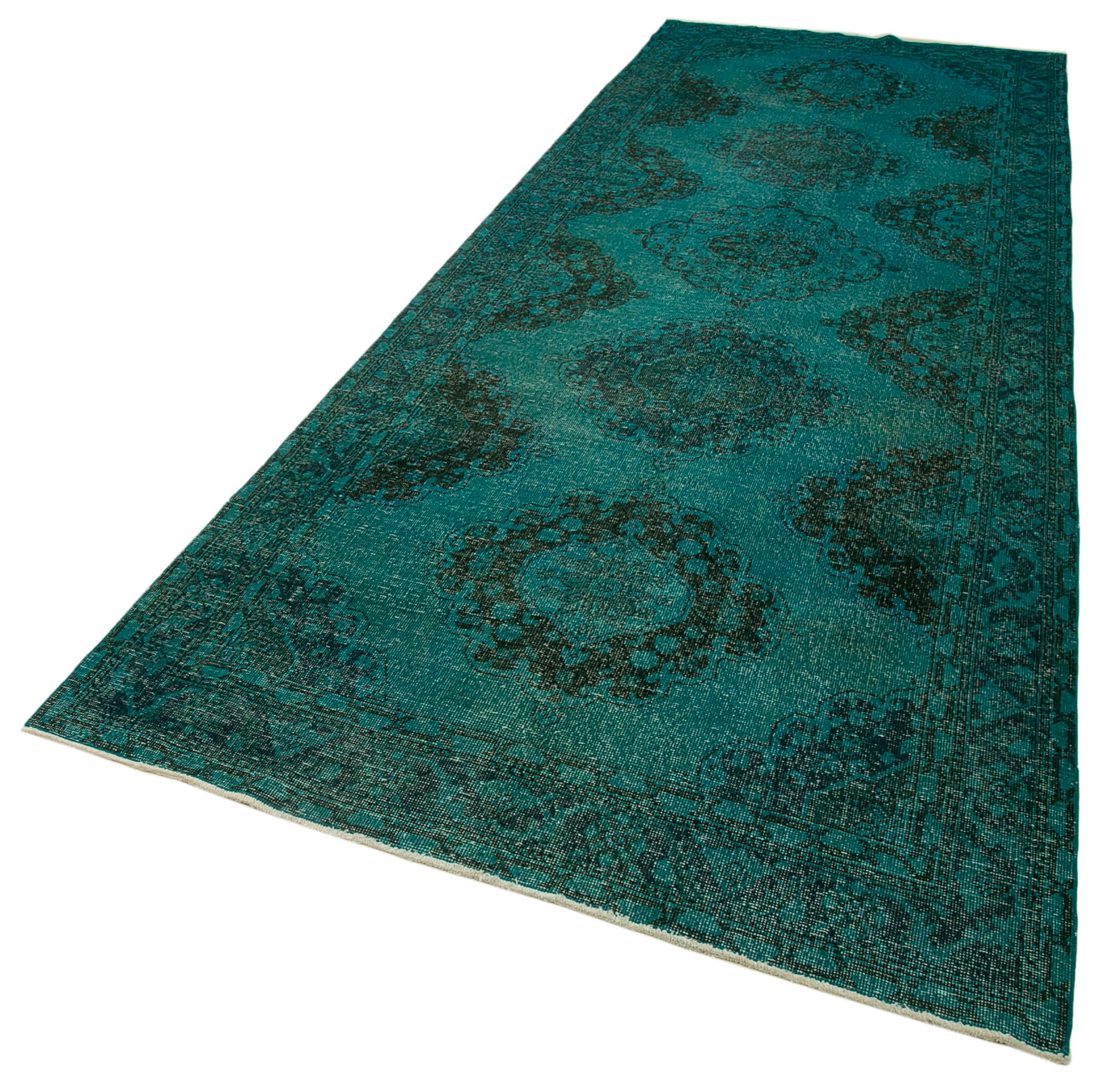 Vintage Wool Area Rug - Handmade Cotton Rug Turquoise Wool Carpet 4'9''x13'4''