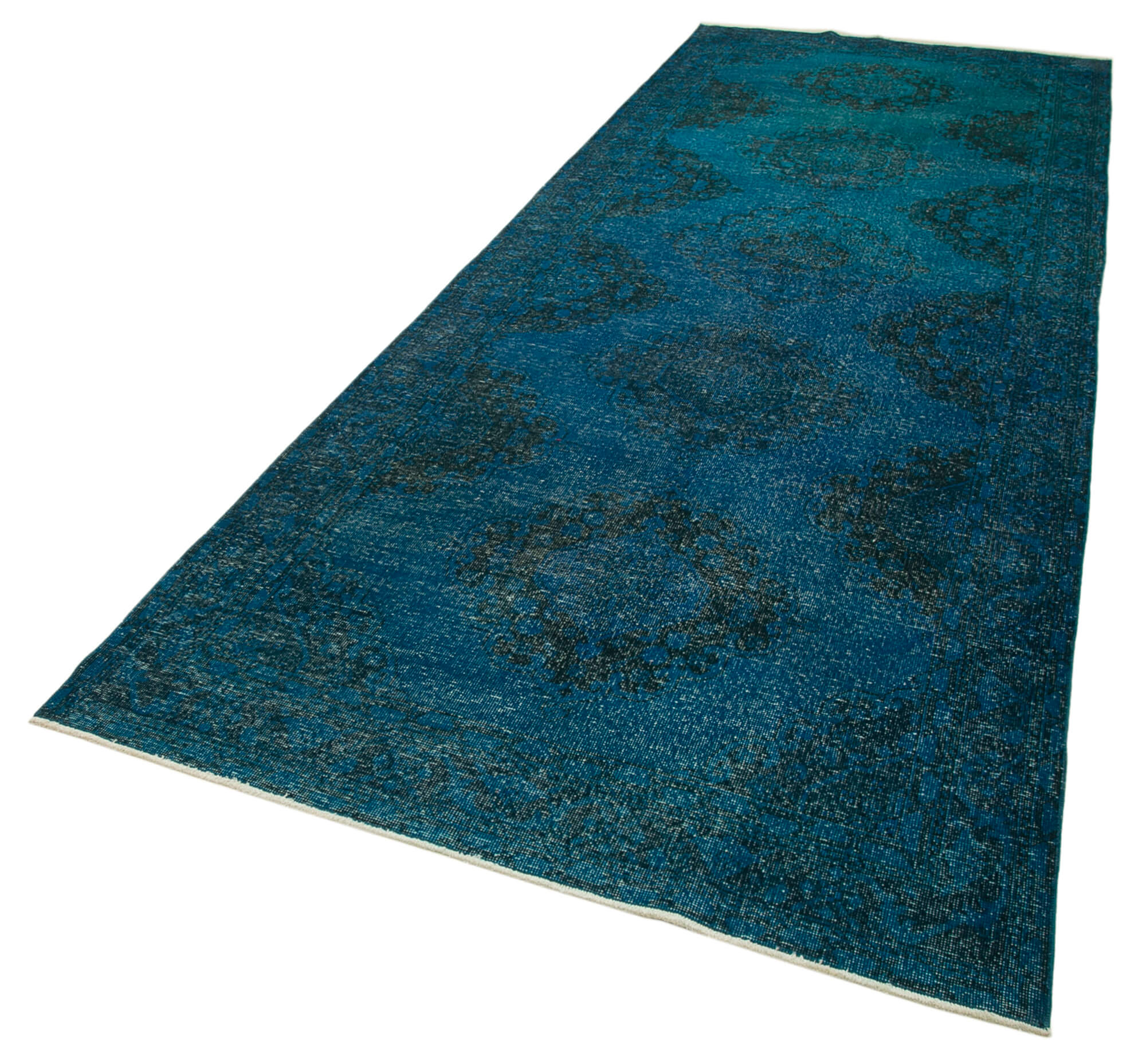 Handmade Vintage Area Rug - Turquoise Cotton Wool Rug 4'10''x13'1'' | Rustic Style