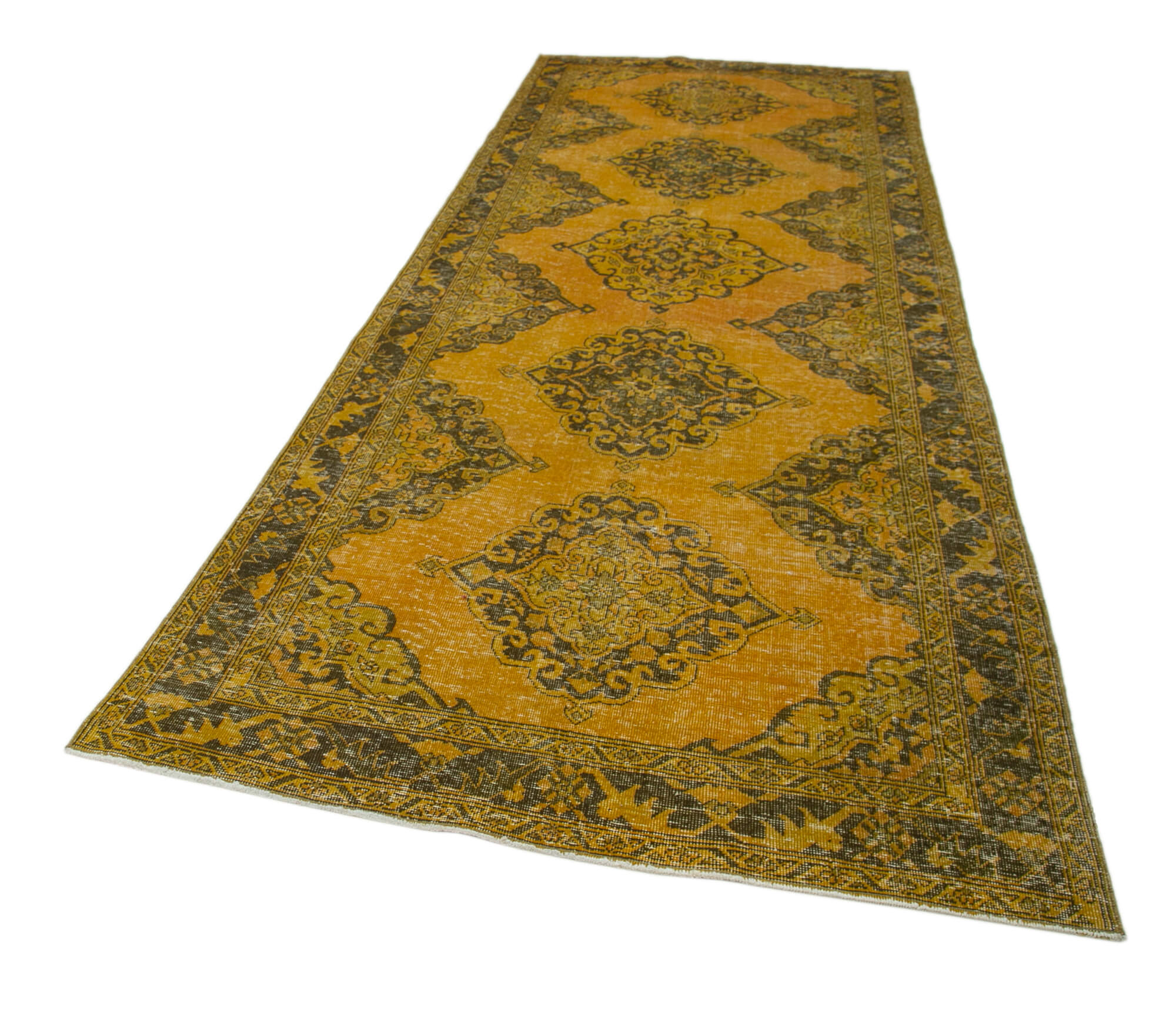 Handmade Vintage Area Rug - Zile Yellow Cotton Wool Rug 4'11'' x 12'7'' | Turkish Hand Knotted